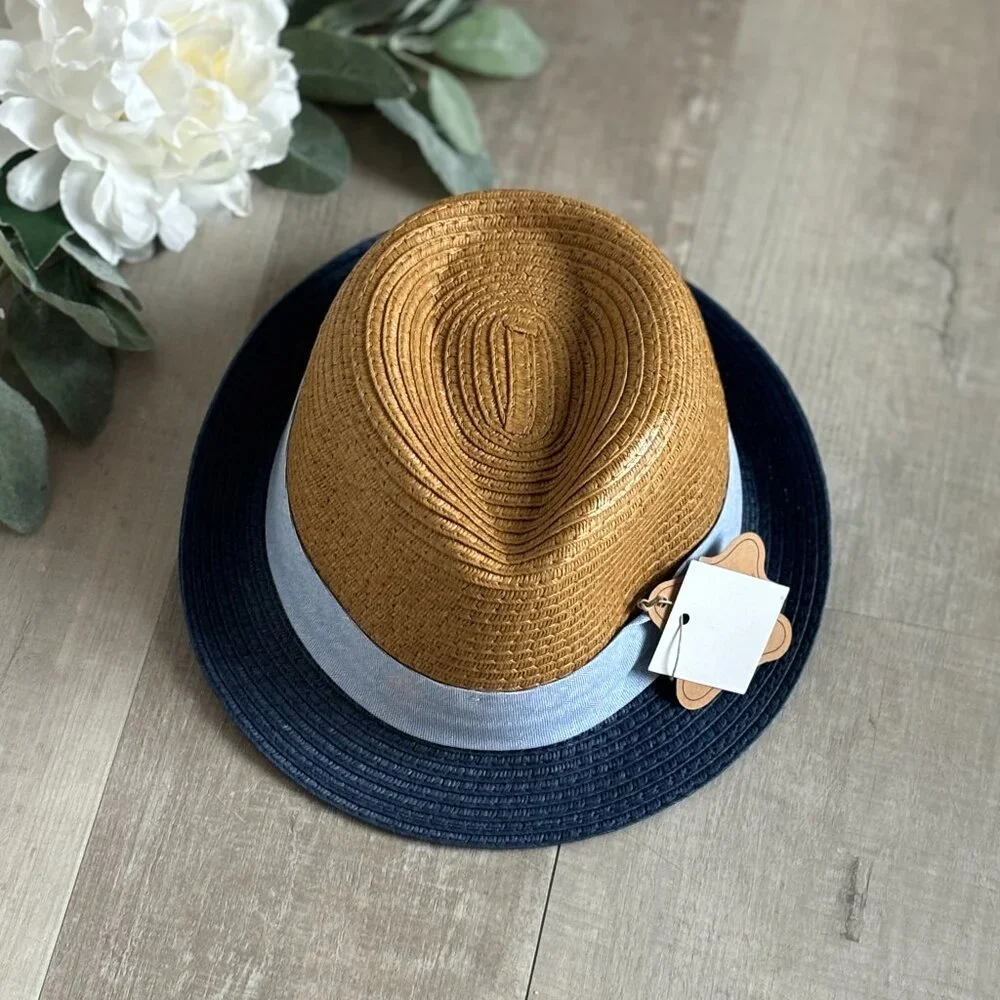 Boys Straw Fedora Navy Brown Blue Hat Boutique Portraits Dressy Toddler NWT